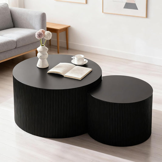 Round Nesting Coffee Table Modern Black Fluted Coffee Table Set of 2 Stripe Round Coffee Tables