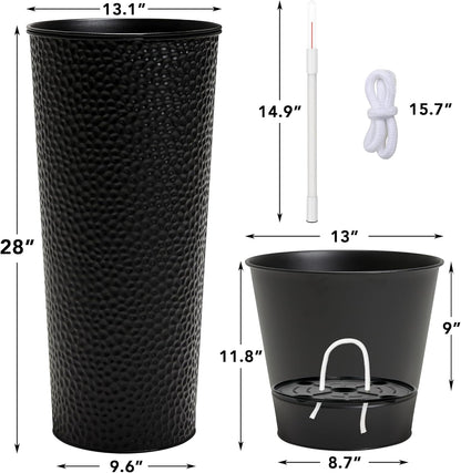 KOL 28" H. Tall Metal Cone Planters with Inside Pots 2-Pack, Black Hand-Hammered Large Decor Planter for Deck, Patio, Porch - Handcrafted Flower Pot - with Water Level Indicator - Indoor Outdoor Use