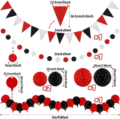 Black Red Party Decorations, Easy Assembly Paper Fan Honeycomb Ball Garland Hanging Swirl Graduation Party Supplies for Boy Girl Women Birthday Congrats Grad Party Decorations