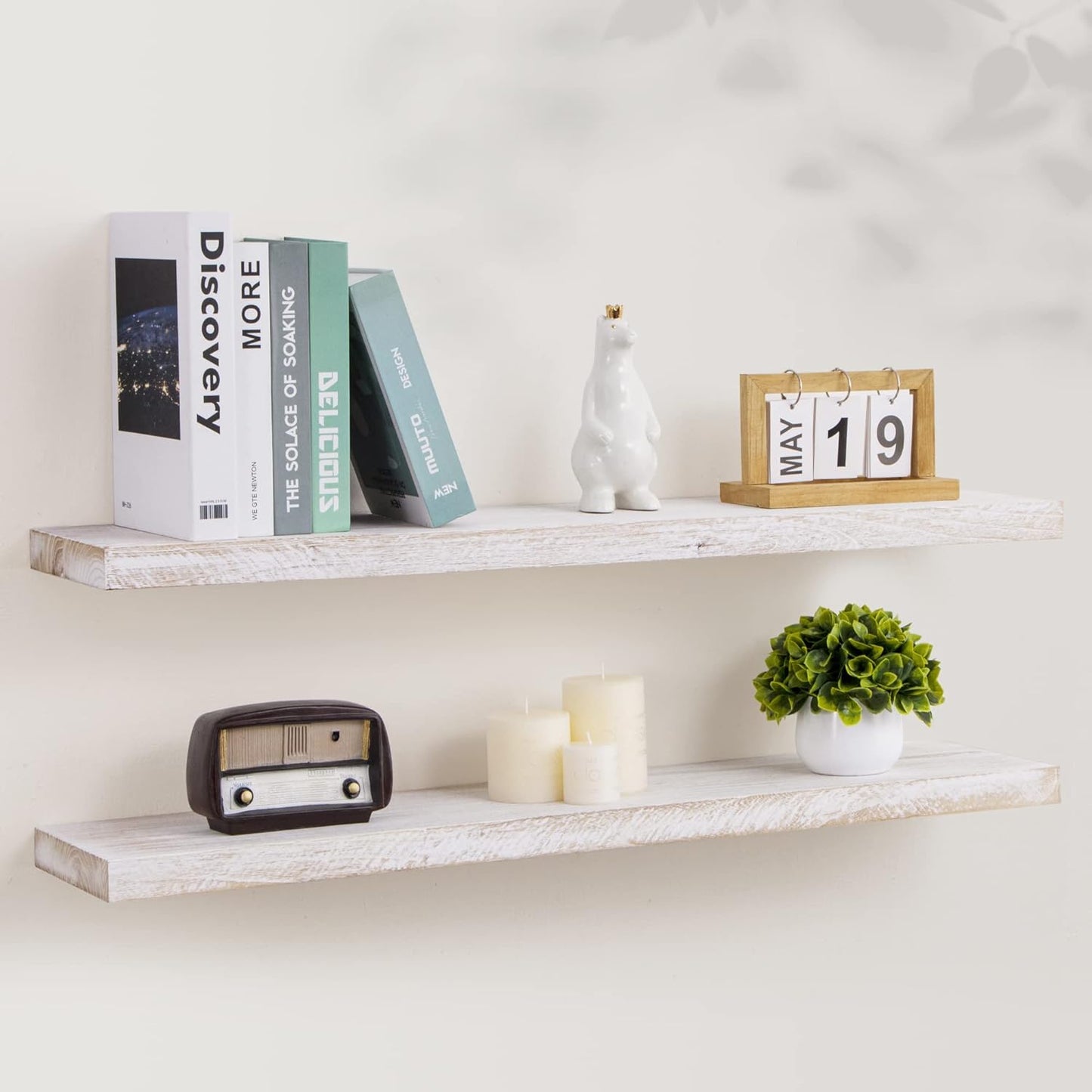 Axeman Floating Shelves for Wall, 8 Inch Deep Rustic Solid Elm Wood Wall Shelves for Storage, Wall Mounted Display Shelving with Invisible Heavy-Duty Metal Bracket, 36'' Width Set of 2, White Wash