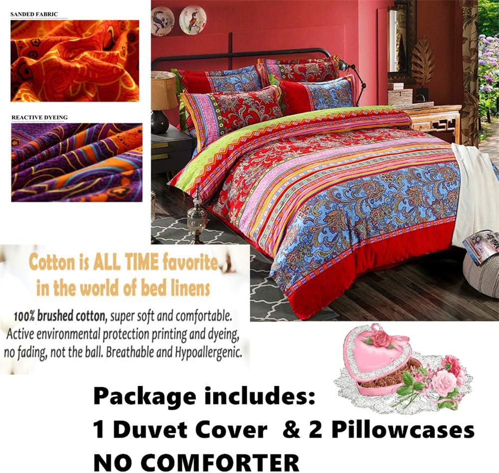 ABREEZE 3Pcs Bohemia Retro Bedding Ethnic Vintage Floral Duvet Cover Boho Bedding 100% Brushed Cotton Bedding Sets Damask Paisley Coloful Mandala Down Comforter Cover,King