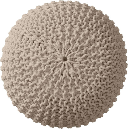 Ornavo Home Pouf Ottoman Foot Rest - 100% Cotton Pouffe - Hand Knitted Cable Braid Cord - Boho Round Stuffed Ottoman for Living Room, Bedroom - Beige