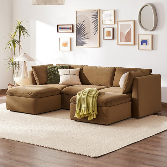 mopio Oversized Modular Sectional Sofa with Fully Removable Covers and Storage, Convertible U, L-Shaped and Sleeper Sectional, Modern Couches with Ottoman Chaise (Hazelnut Velvet, 5 Seats, U)