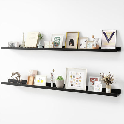 Picture Ledge Shelf, Wood Long Floating Shelves for Wall, Set of 2, 56 inch Picture Ledge Shelves, Photo Ledge Nursery Book Shelves Wall Mounted for Living Room Kids' Room Bedroom, Color Black