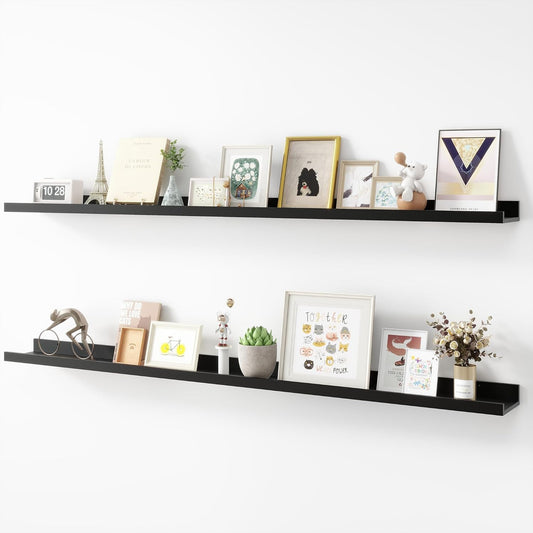 Picture Ledge Shelf, Wood Long Floating Shelves for Wall, Set of 2, 56 inch Picture Ledge Shelves, Photo Ledge Nursery Book Shelves Wall Mounted for Living Room Kids' Room Bedroom, Color Black