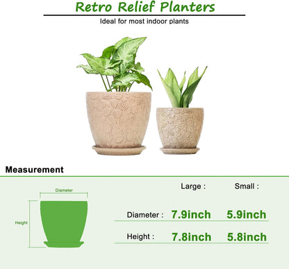 8 Inch + 6 Inch Retro Ceramic Planter Set of 2 with Drainage Hole and Saucer for Multiple Plants, Indoor-Outdoor Garden Pots for Succulent, Orchid, and Flower (Retro Peach)