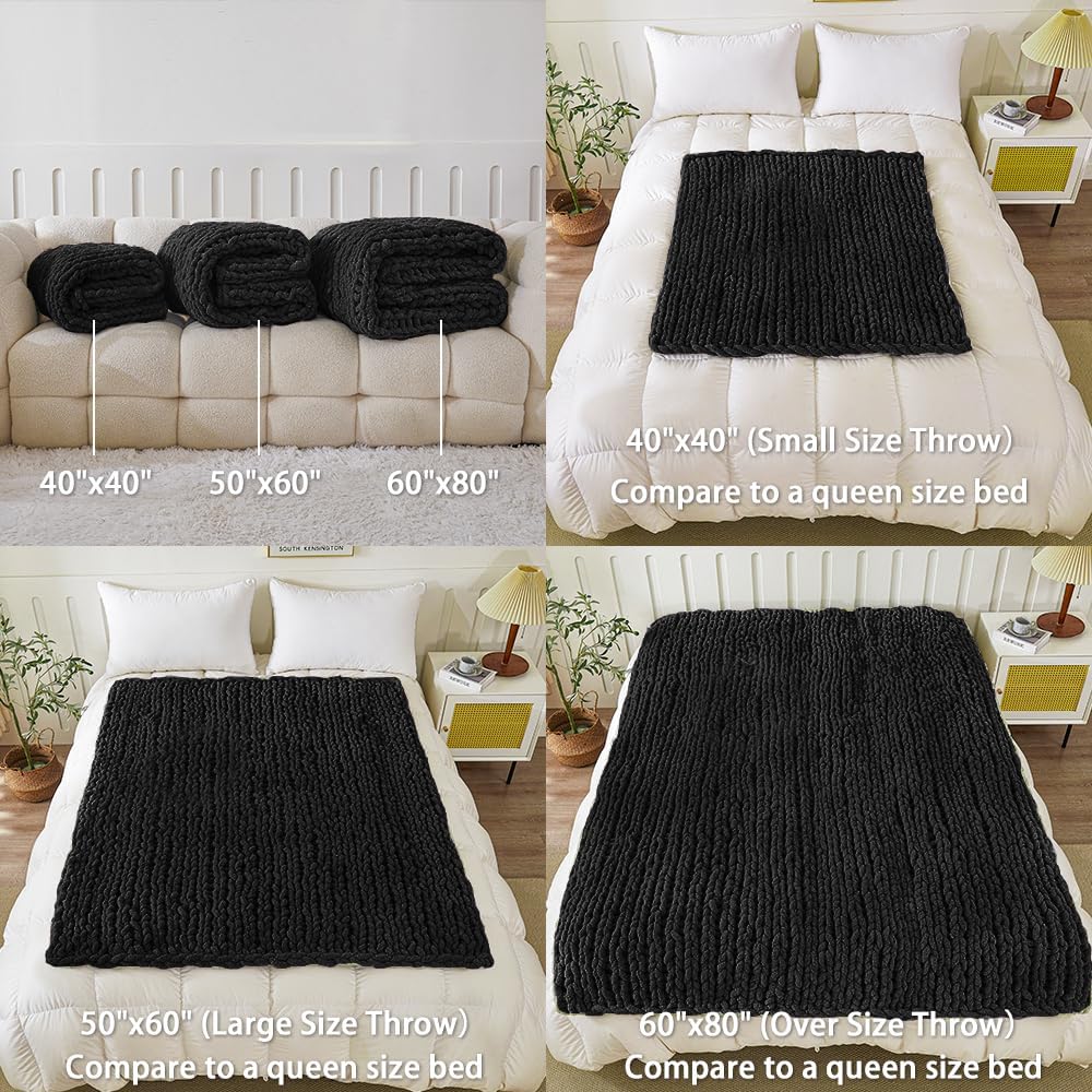 WESHIONGOO Chunky Knit Blanket Throw 40"*40" Knitted Throw Blankets for Couch Bed Fluffy Soft Blanket with Jumbo Chenille Yarn Thick 100% Handmade(Black)
