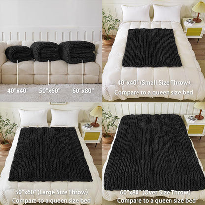 WESHIONGOO Chunky Knit Blanket Throw 40"*40" Knitted Throw Blankets for Couch Bed Fluffy Soft Blanket with Jumbo Chenille Yarn Thick 100% Handmade(Black)