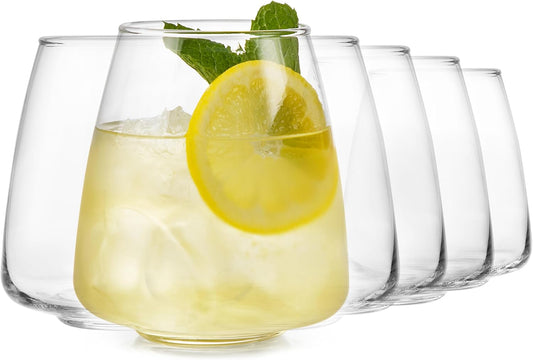 Libbey Stackable Stemless Wine Glasses Set of 6, Tapered Bulb Shaped All Purpose Wine Glass Set