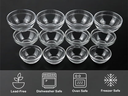 HillSpring 3 Sizes of Glass Prep Bowl Sets, Clear Small Pinch Bowls for Salt, Spices and Chopped Ingredients, 1.5oz/2.5oz/3.5oz, Set of 12