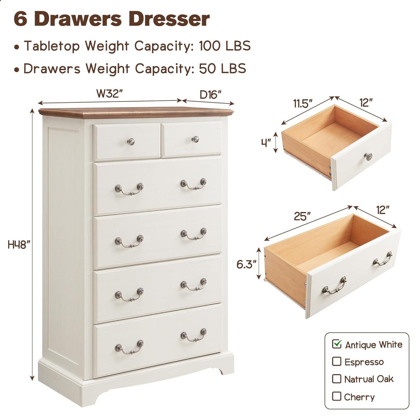 T4TREAM 6 Drawers Dresser Chests for Bedroom, 48" Tall Rustic Chset of Drawers, Wood Dressers Organizer for Bedroom, Living Room,Hallway, Antique White