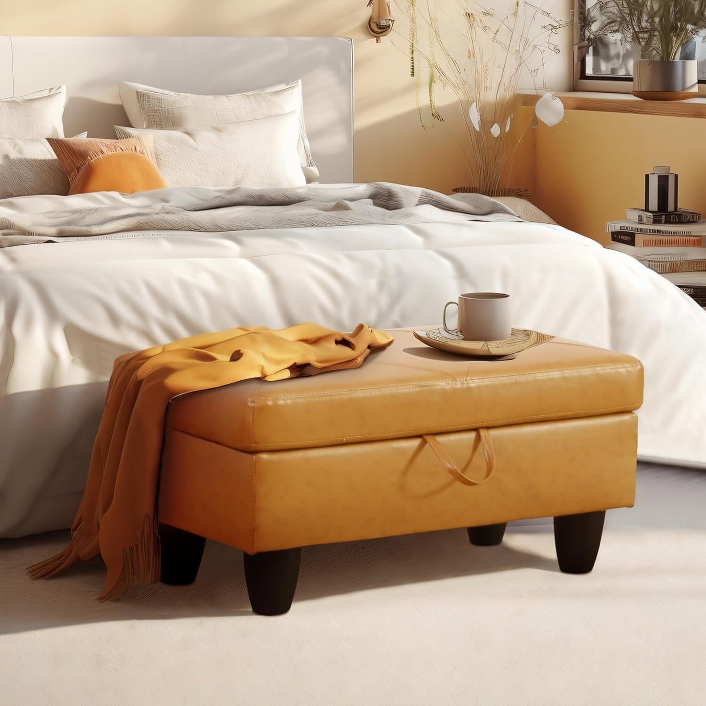 Ottoman Rectangular Storage Ottoman Bench, Faux Leather Footrest, Coffee Table, Stool Footstool with Hinged Lid for Living Room, Bedroom, Entryway, Orange, 28.5"x19"x17.5"