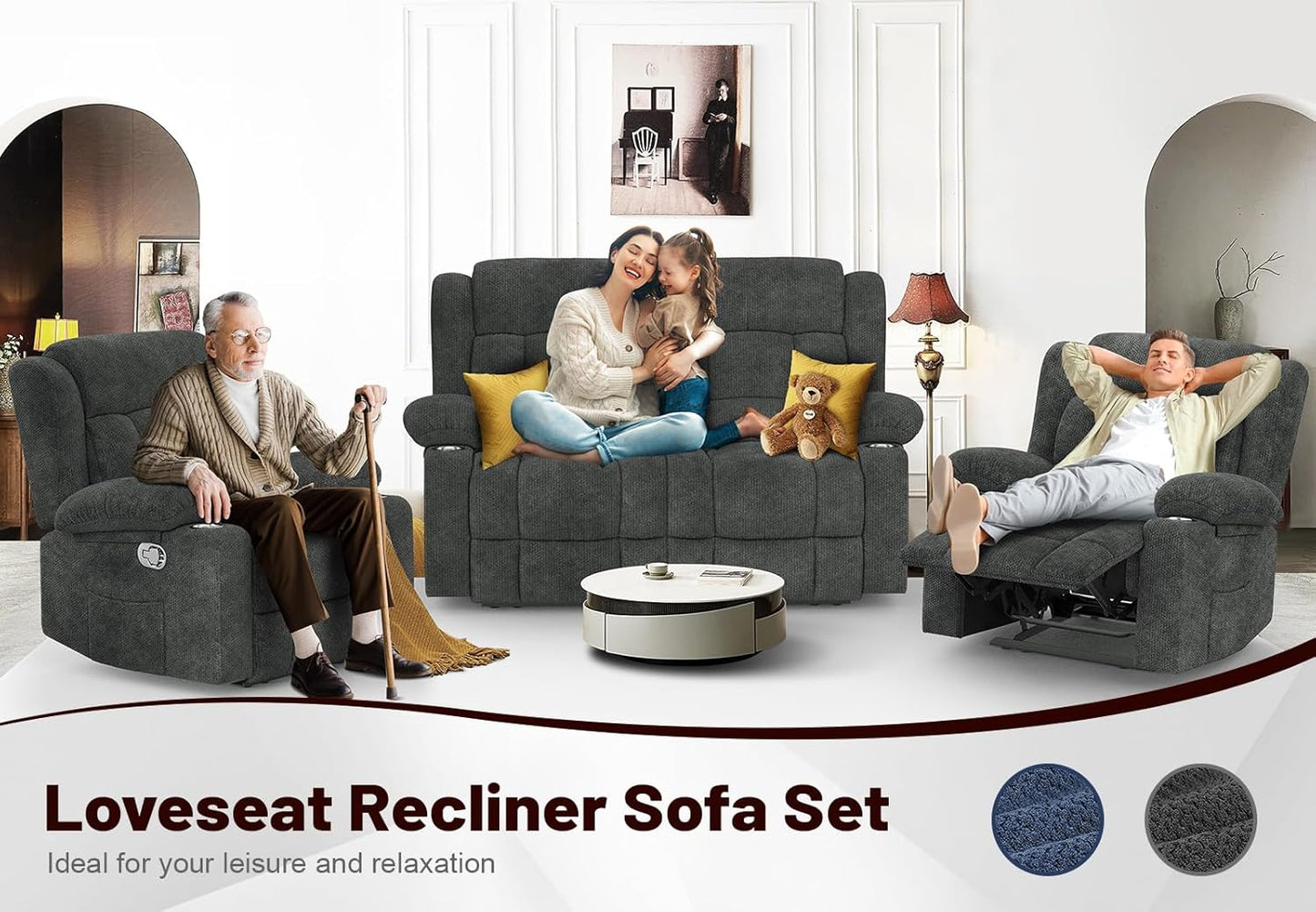 Loveseat Recliner Sofa Set with 2+1+1 Pieces, 2 Seater Minimalist Style Fabric Manual Pull Tab Reclining Loveseat with USB Charge Ports, Cup Holders, Recliner Couches for Living Room, RV, Gray