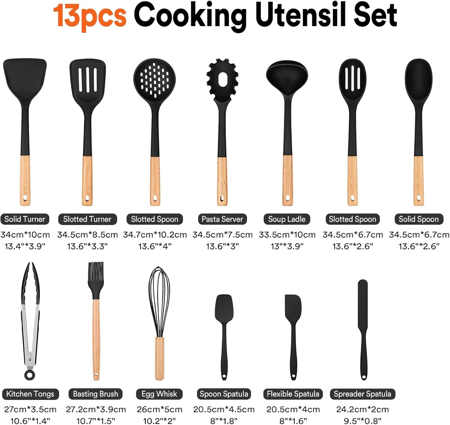 Kitchen Utensils Set, 13PCS Silicone Cooking Utensils, Heat Resistant Kitchen Utensil Spatula Set for Nonstick Cookware, Wooden Handles Kitchen Gadgets Tools Set