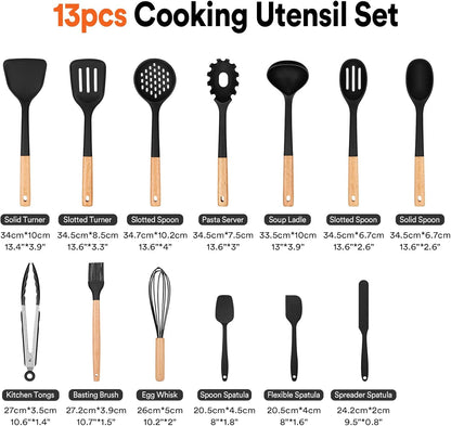 Kitchen Utensils Set, 13PCS Silicone Cooking Utensils, Heat Resistant Kitchen Utensil Spatula Set for Nonstick Cookware, Wooden Handles Kitchen Gadgets Tools Set