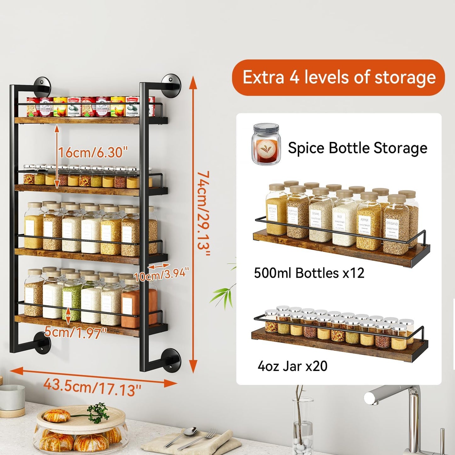 IBUYKE Spice Rack Wall Mount,4 Tier Hanging Seasoning Organizer,Large Spice Rack for Wall for up to 50 Jars,Spice Organization for Kitchen Cabinet,Bathroom,Pantry,Living Room,Brown TLJ016H