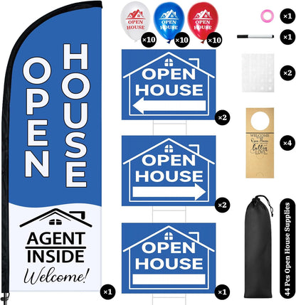 44 Pcs Open House Signs for Real Estate Agent Supplies, Double Sided Open House Flag Kit for Outside, 7.6 x 5.4 Ft Blue Banner Flag Poles Set with Directional Arrows Yard Sign Stakes Balloons