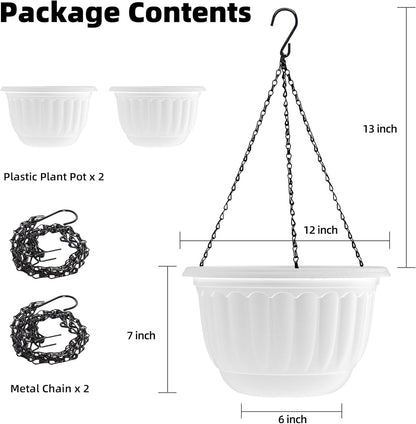 YIKUSH Planters for Outdoor Plants 2 Pack White Plant Pots with Drainage Hole and Absorbing Tray Hanging Planters for Indoor Plants (12 inch, 3 Hooks)