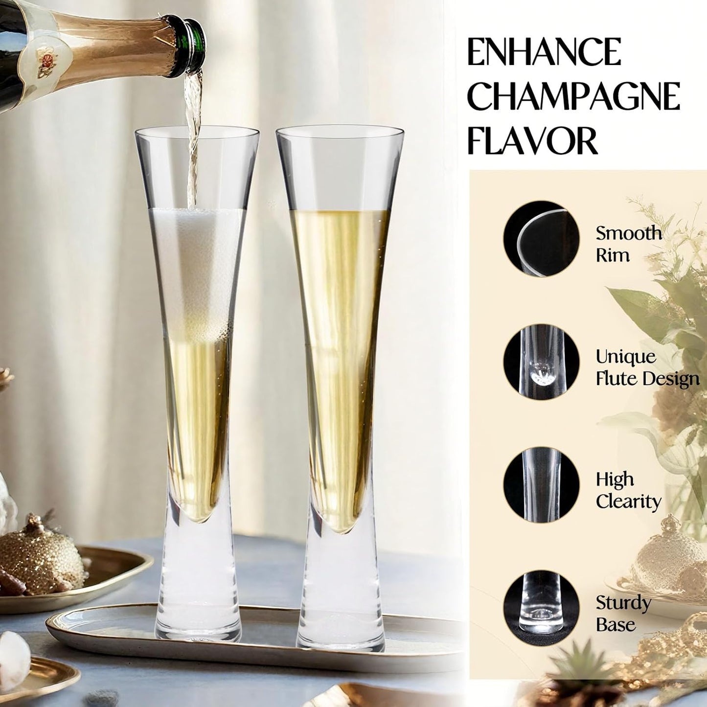 Champagne Flutes Set of 2, Hand Blown Crystal Champagne Glasses, Modern Unique Design, Lead-Free Prosecco Flutes, Elegant Toasting Glasses Gift for Wedding, Anniversary, Birthday, Christmas