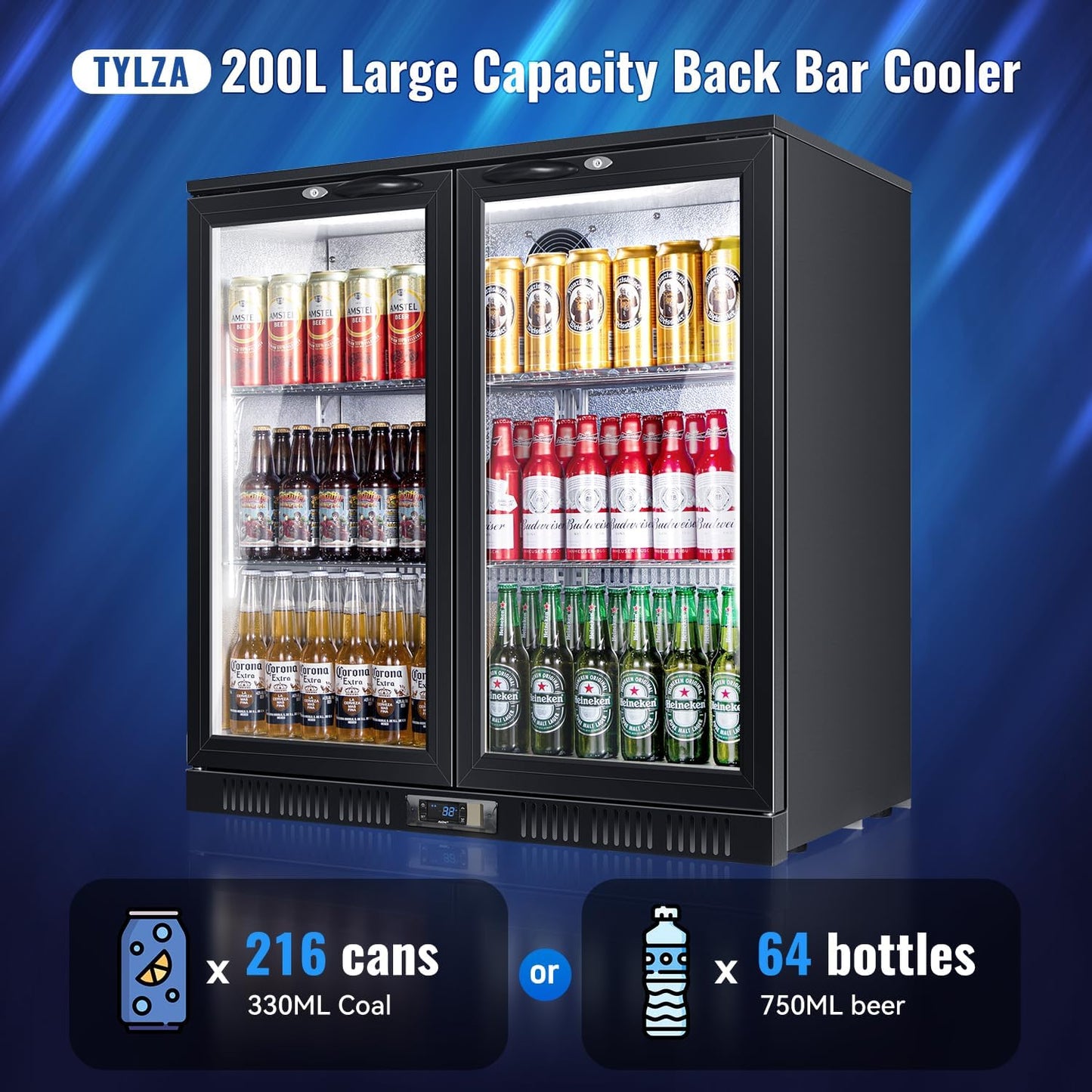 Tylza Back Bar Cooler With 2 Glass Doors, 200L Under Counter Back Bar Refrigerator with LED Lighting, Safety Locks, Counter Height Bar Beverage Cooler for Beer, Soda Drinks, Wine, Black