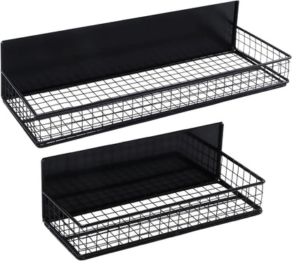 Magnetic Storage Basket, Magnetic Shelf for Fridge,Magnetic Spice Rack Wire Mesh Magnetic Organizer Holder Accessories for Office Kitchen Classroom Storage, Black-Short, Large x1&Small x1 Set of 2