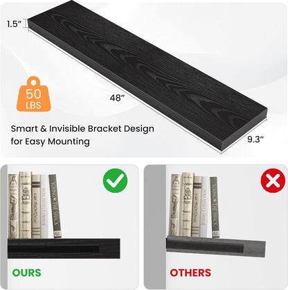 Floating Shelves for Wall, 48" W x 9.3" D x 1.5" H, Wooden Wall Mounted Display Shelves with Invisible Brackets for Living Room, Bedroom, Bathroom, Kitchen Decor and Storage, Set of 1, Black
