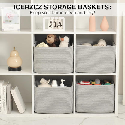 Storage Baskets for Organizing & Shelves, Woven Cotton Rope Organization Bins for Dog Toys, Clothes, Books, Nursery Organizer, 15" Lx11 Wx9.5 H, (4 Packs) Grey