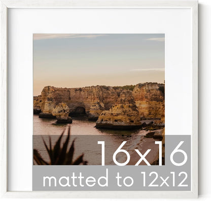 HAUS AND HUES Solid Oak 16”x16” Picture Frame Matted to 12”x12” - 16X16 Square Picture Frame with Mat for 12x12 Picture, White Wood Frame, 16 x 16 Frame with Mat for 12x12 Photo,16x16 Frame with Mat