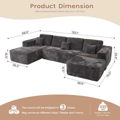 HOOOWOOO Cloud Sectional Couches for Living Room,Modular Sectional Sofa No Assembly,133X70 Inch Plush Corduroy Large U Shaped Floor Couch Set with Deep Seat Chaise Ottoman(Gray)