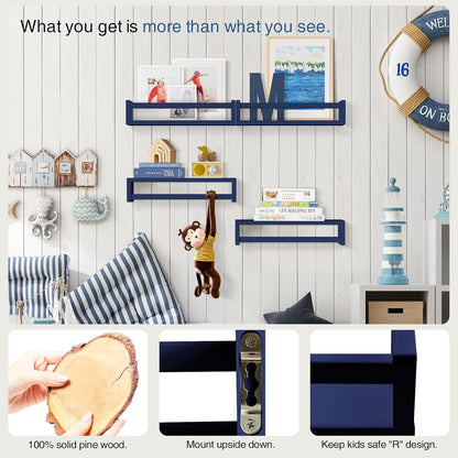 Forbena Navy Blue Floating Book Shelves for Nursery Boy, Decorative Wall Bookshelf for Kids Room, Small Wood Floating Shelves Wall Mounted for Boys Bedroom Bathroom (Set of 4, Blue)