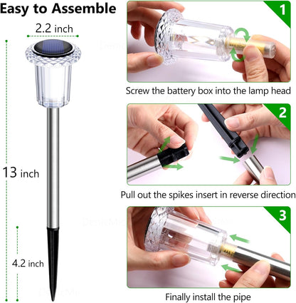 DenicMic Solar Lights Outdoor 15 Pack Waterproof 6000K Cold White LED Stainless Steel Stake for Pathway Yard Garden Driveway Solar Powered Outside Decor