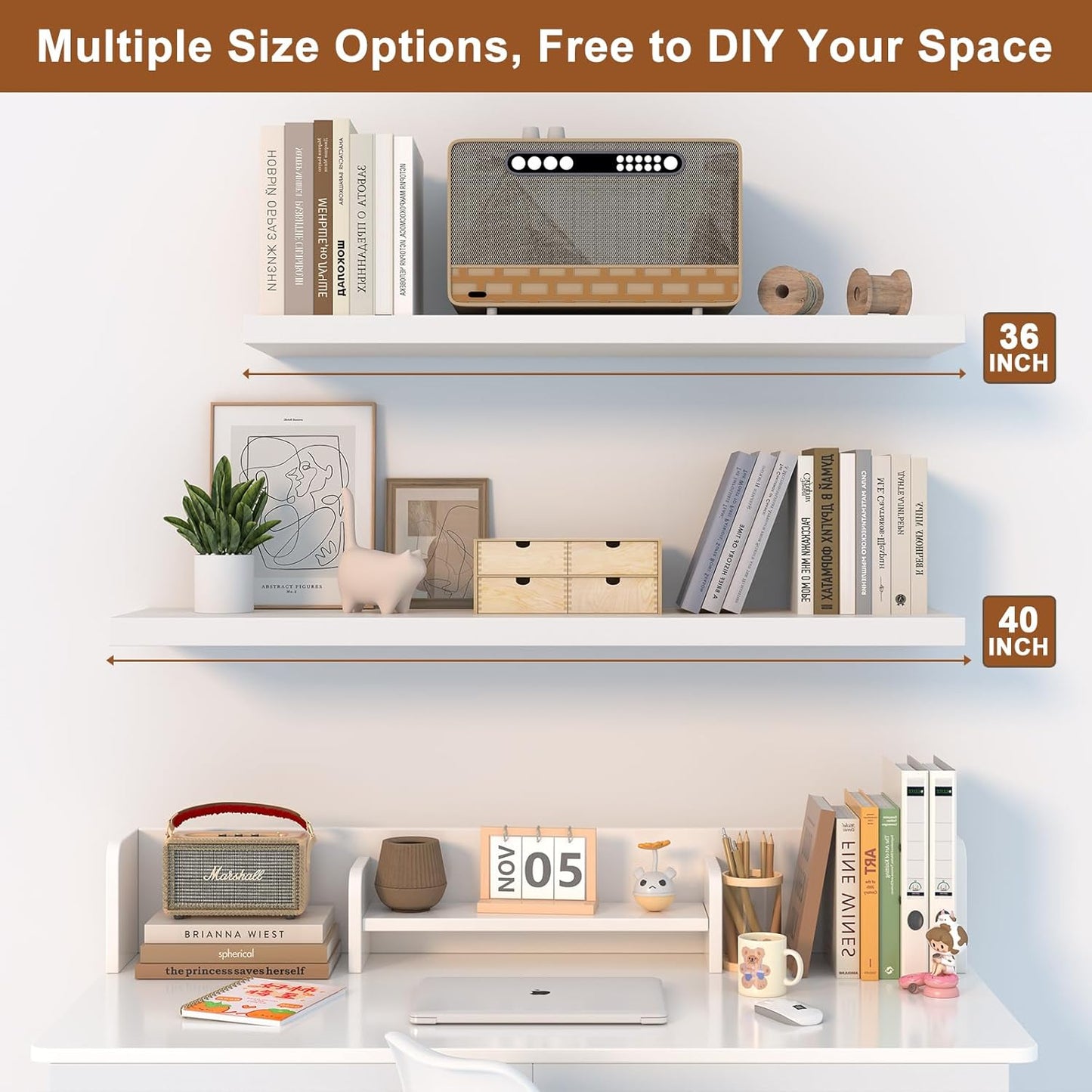 40 Inch Floating Shelf 2 Pack Large Floating Shelves for Wall No Drilling Accessories Included Deep Wall Shelves for Living Room Kitchen Farmhouse 40" W x 12" D x 1.2" White