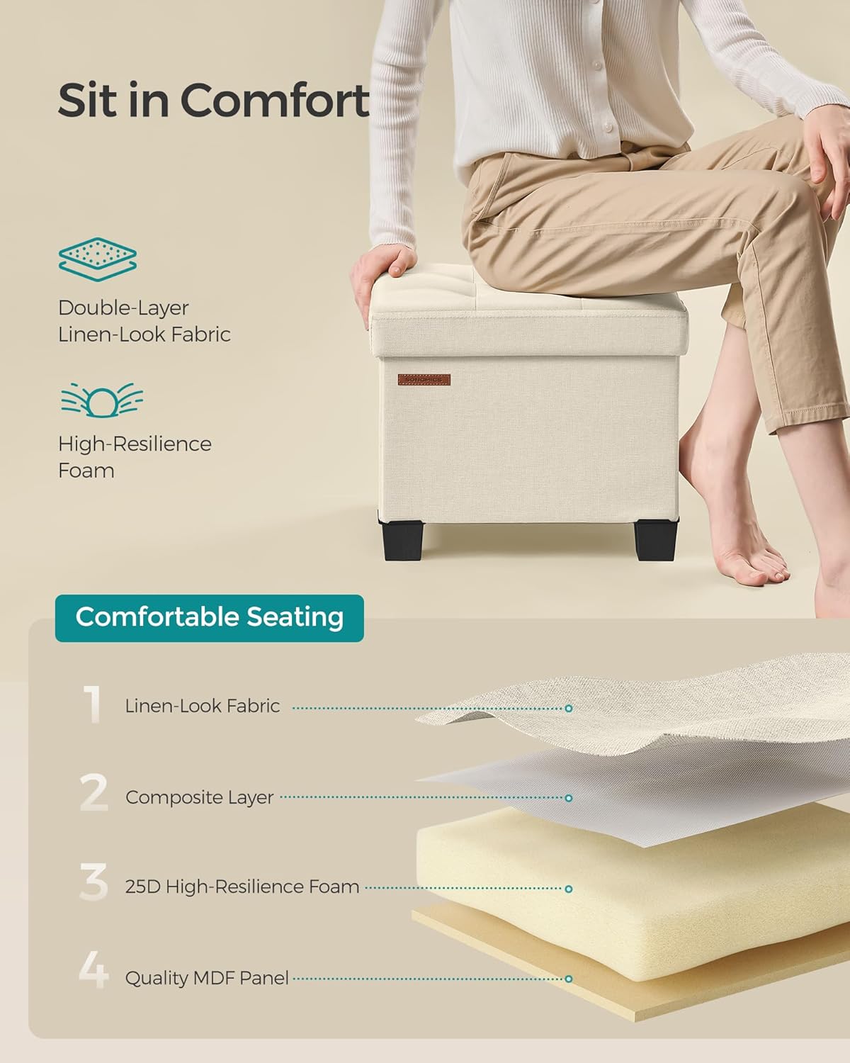 SONGMICS Storage Ottoman, Small Ottoman Foot Rest with Legs, 12.6 x 15.8 x 13.2 Inches Foot Stool, Load up to 660 lb, for Living Room, Bedroom, Dorm, Cream White ULSF012W01