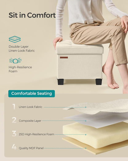 SONGMICS Storage Ottoman, Small Ottoman Foot Rest with Legs, 12.6 x 15.8 x 13.2 Inches Foot Stool, Load up to 660 lb, for Living Room, Bedroom, Dorm, Cream White ULSF012W01