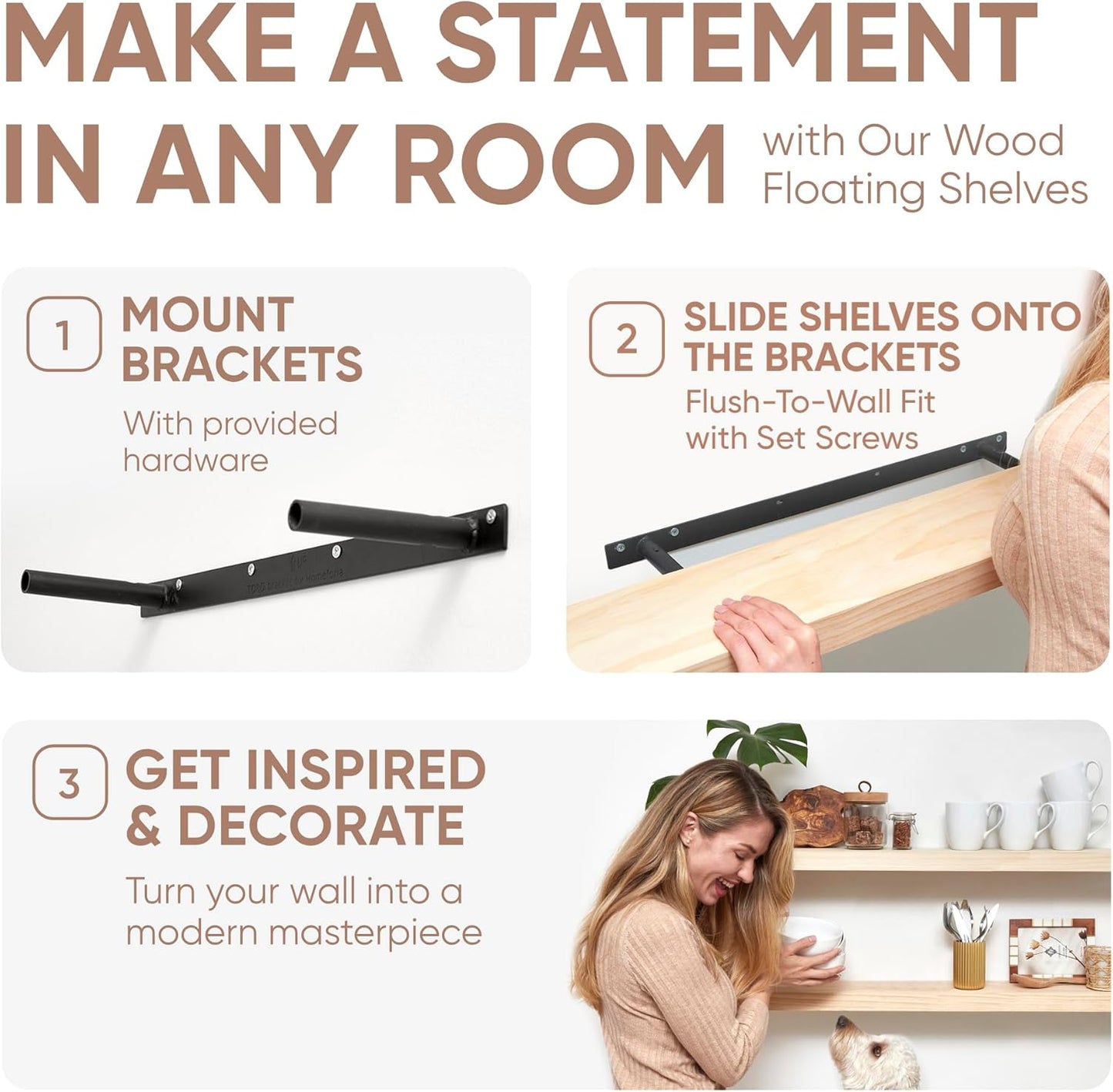 Homeforia Wood 48 inch Floating Shelf, High End Solid Natural Wood 48inch Floating Shelves for Wall Mounted, Unfinished Wooden Large Floating Shelves, Heavy Duty Bracket, 48 X 6.5 X 1.75 in, Set of 2