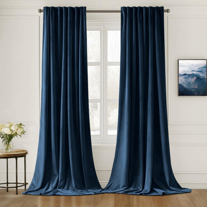 MIULEE Navy Blue Velvet Curtains 96 inches Long 2 Panels - Luxury Pinch Pleated Room Darkening Window Drapes for Bedroom Living Room Thermal Insulated Super Soft Blackout, Back Tab Rod Pocket