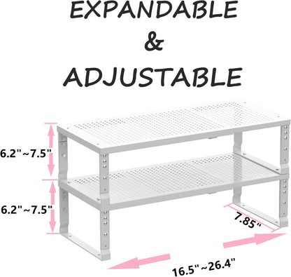 Metal Stackable Expandable Storage Shelf - Multi-Functional Home Storage Shelf, Suitable for Kitchen, Cabinet，Bathroom, Office, Garage, etc.（2PACKS/White/Medium