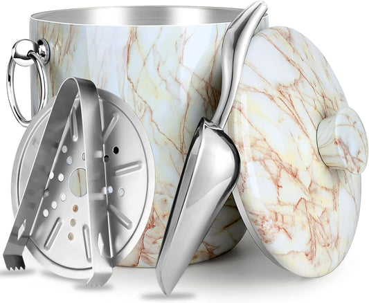 Ice Bucket with Lid, Scoop, Tongs and Strainer - Well Made Insulated Stainless Steel Keep Ice