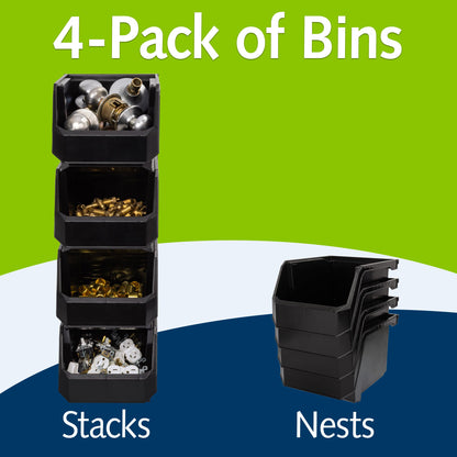 ReadySpace Medium-Tall Stackable Plastic Storage Bins, 4-Pack, Black