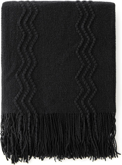 MIULEE Black Knitted Throw Blanket for Couch Textured Knit Blanket with Tassels Cozy Woven Boho Bed Blanket for Sofa Bed Chair Acrylic Wave Pattern 50"x60"