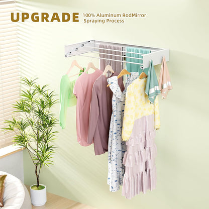 Wall Mounted Drying Rack for Laundry 23.6'', Foldable Laundry Drying Rack Clothing Wall Mount with 4 Towel Hooks and 4 Rods, Space Saving for Indoor Outdoor Bathroom Balcony (White, 23.6'')