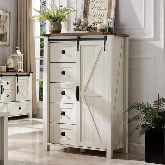 T4TREAM 5 Drawers Dresser for Bedroom w/Sliding Barn Door, Farmhouse Modern Tall Dresser 5 Chest of Drawers, Storage Organizer for Bedroom, Hallway, Living Room, Kids Room, Antique White