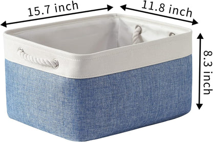 TcaFmac Storage Basket for Organizing - Large 4 Pack Fabric Storage Bins Baskets for Shelves with Ropes, Foldable Storage Cubes for Closet Cloth Toy (White & Blue16x12x8 inch)
