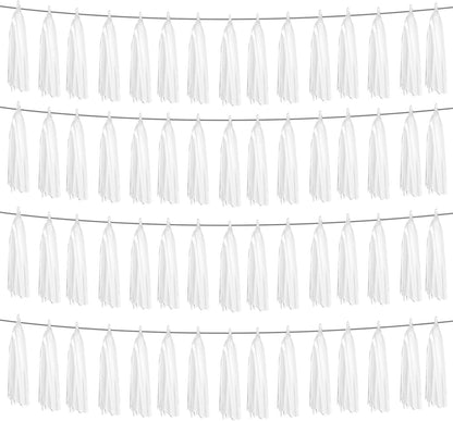 4P White Foil Fringe Metallic Tassel Streamers Banner Tassel Garland for Parade Floats, Graduation, Wedding, Birthday, Halloween, Christmas, Bridal/Baby Shower Party Decorations