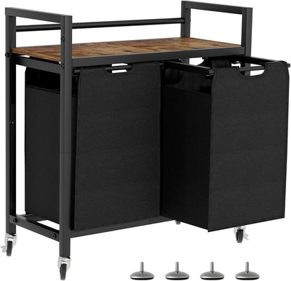 Laundry Hamper, Laundry Basket, Laundry Sorter with 2 Removable Bags, Clothes Basket with 2 Compartments, Wheels, Shelf for Laundry Room Bathroom Bedroom (2 Bags-Black)