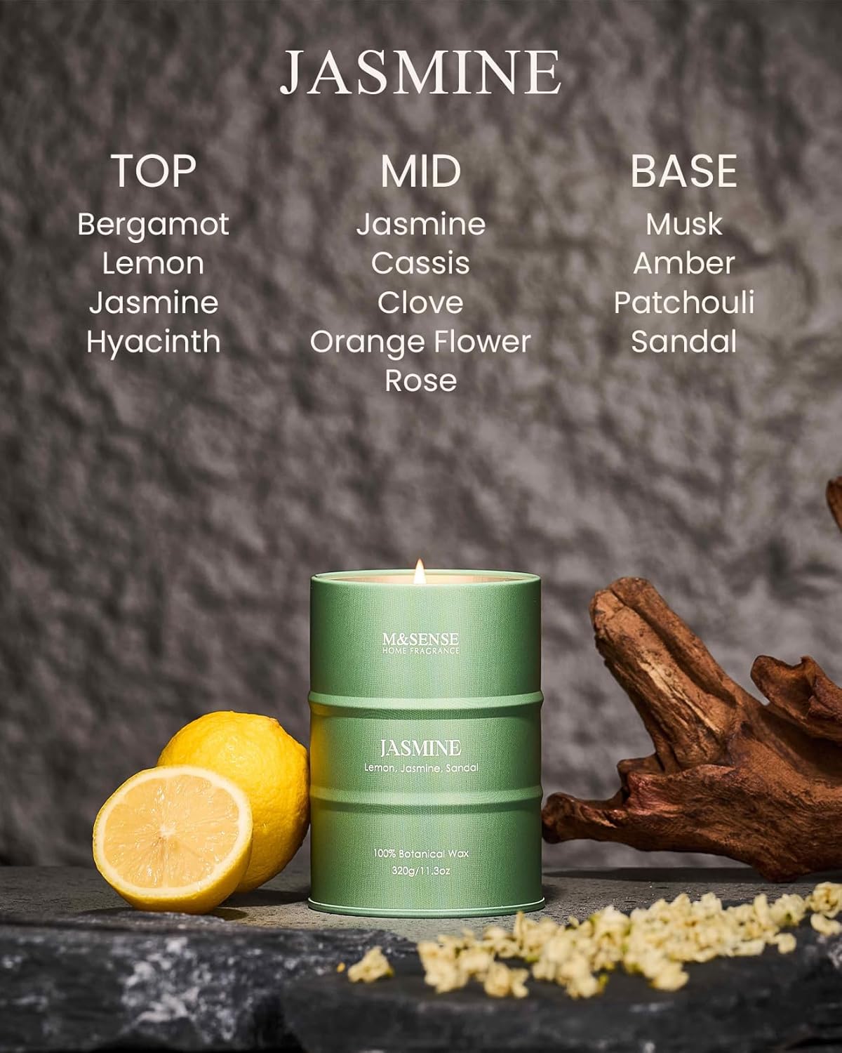 M&SENSE Jasmine Scented Candles Natural Non Toxic, Aromatherapy Candle for Stress Relief Meditation Relaxing, Housewarming Gifts for Women Men, 11.3oz 70 Hour Long Burning