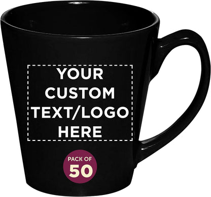 DISCOUNT PROMOS Custom Glossy Ceramic Latte Coffee Mug 12 oz. Set of 50, Personalized Bulk Pack - Perfect for Tea, Espresso, Cappuccino, Hot Cocoa - Black
