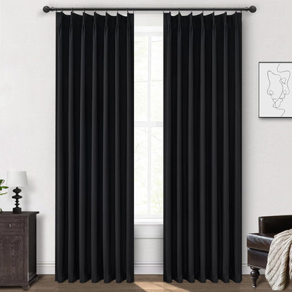 Unique Pinch Pleated Black Blackout Curtains 86 Inches Long for Living Room, Textured Linen Room Divider Window Curtain with Hooks Back Tab 2 Panels Set Thermal Thick Drapes 40" W x 86" L Length