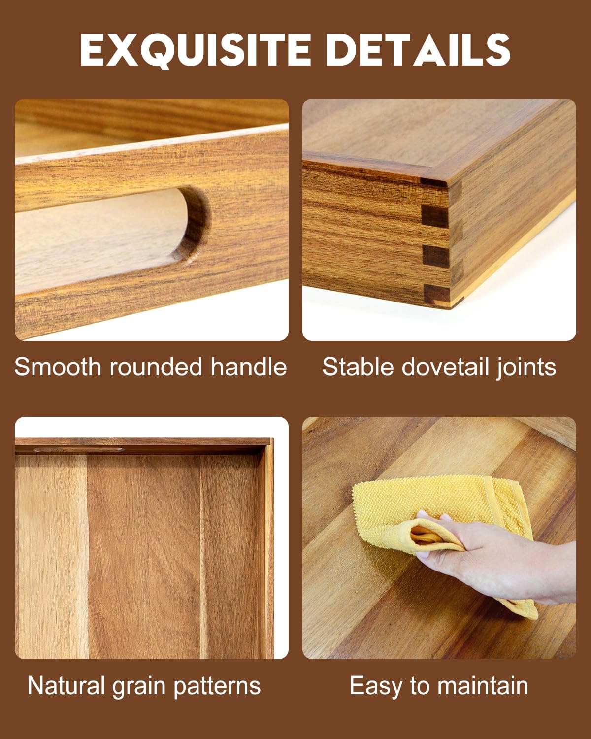 22 Inches Square Acacia Wood Ottoman Tray, Extra Large Wooden Serving Tray with Handles for Living Room, Serving Food Breakfast, Ottoman Coffee Table Couch Sofa Kitchen