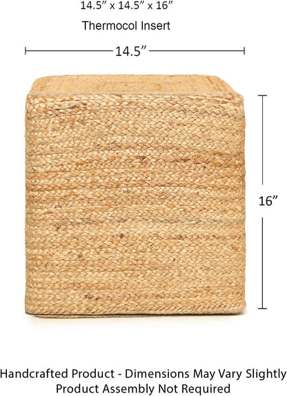 REDEARTH · Cube Pouf Foot Stool Ottoman - Jute Braided Pouffe Poof Accent Sitting Footrest for The Living Room, Bedroom, Nursery, Patio, Lounge & Other Rooms in The Home (14.5”x14.5”x16”; Natural)
